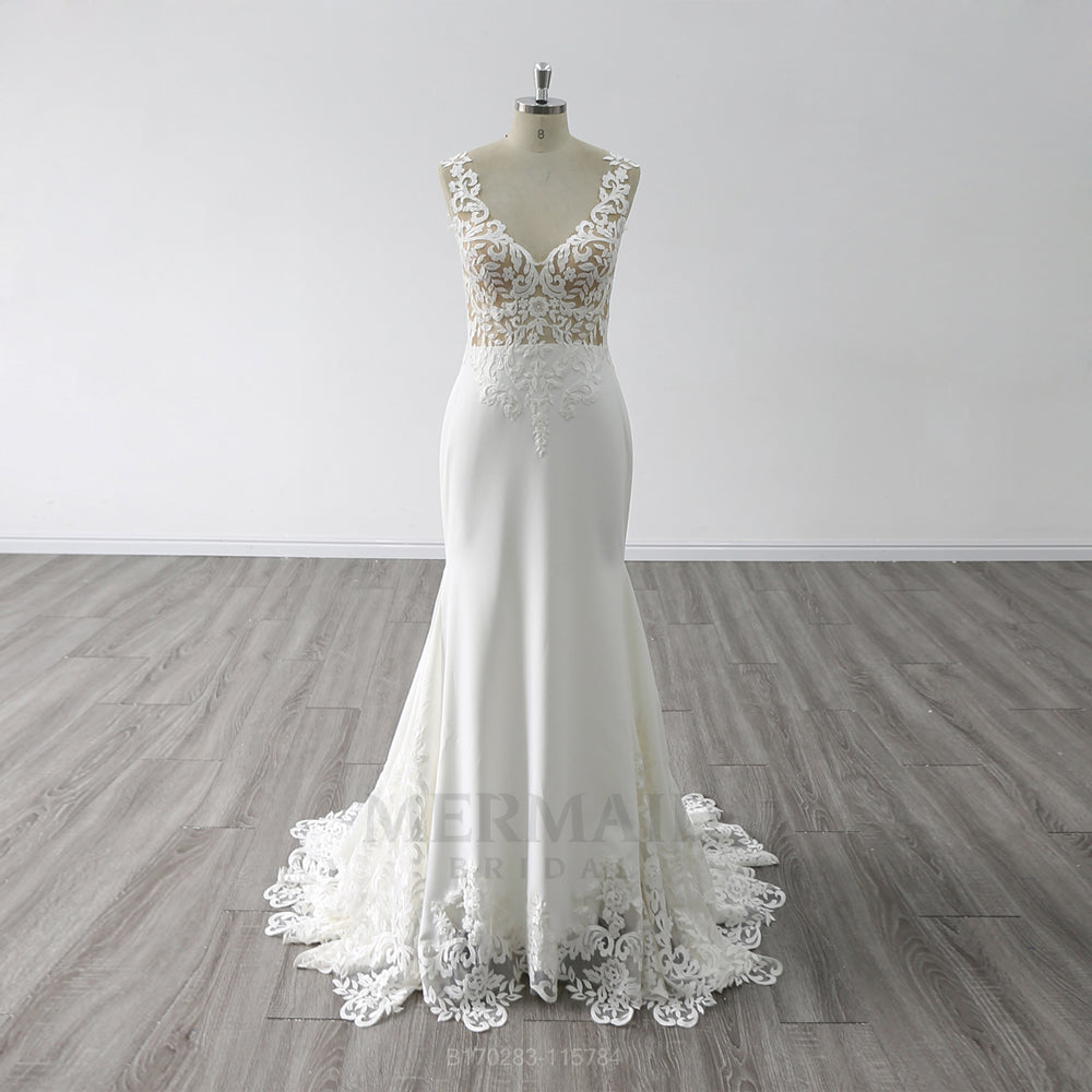New V Back Sweep Train Bridal Gown Korean Crepe Mermaid Wedding Dress