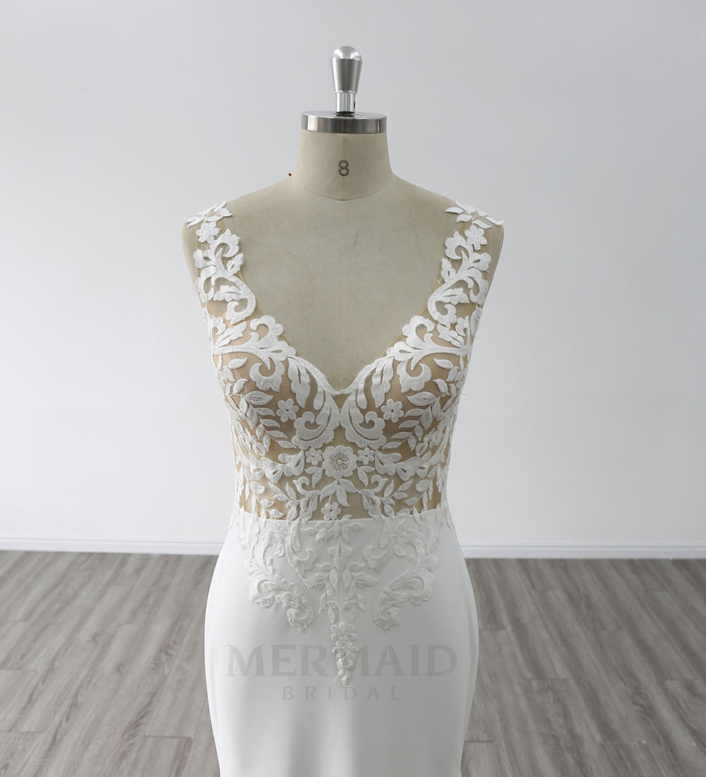 New V Back Sweep Train Bridal Gown Korean Crepe Mermaid Wedding Dress
