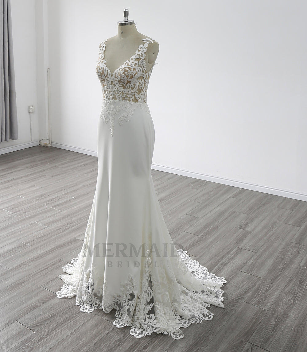 New V Back Sweep Train Bridal Gown Korean Crepe Mermaid Wedding Dress