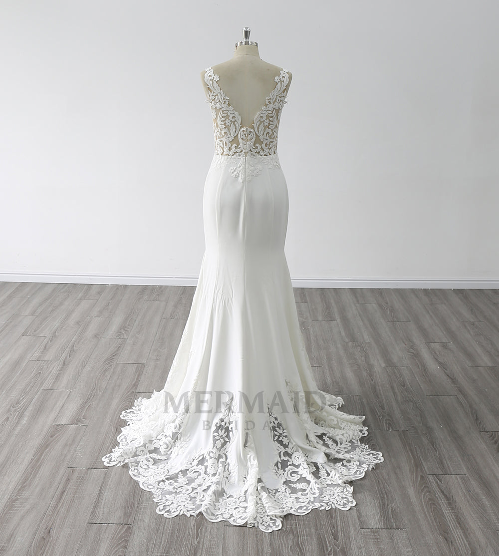 New V Back Sweep Train Bridal Gown Korean Crepe Mermaid Wedding Dress