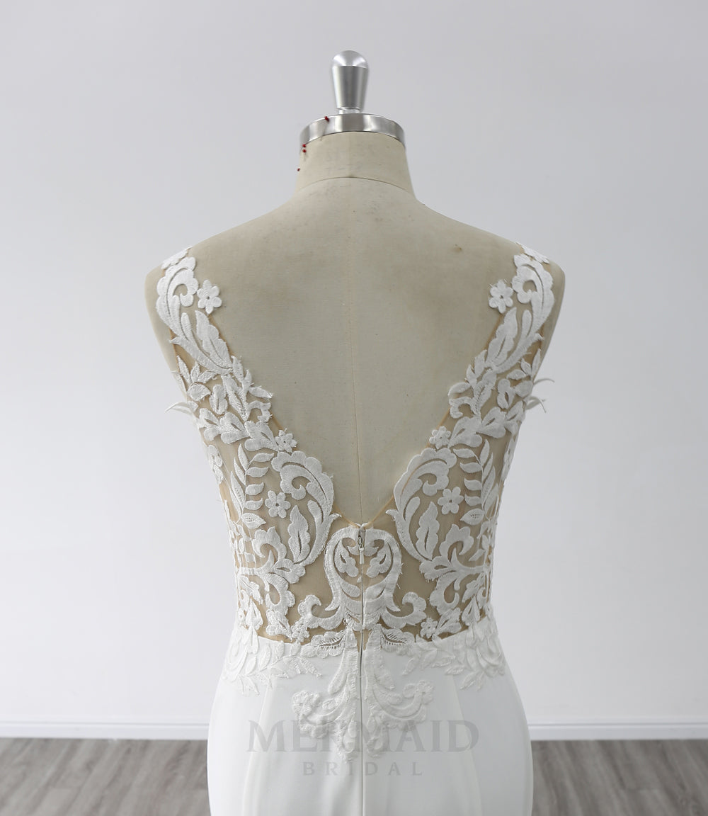 New V Back Sweep Train Bridal Gown Korean Crepe Mermaid Wedding Dress