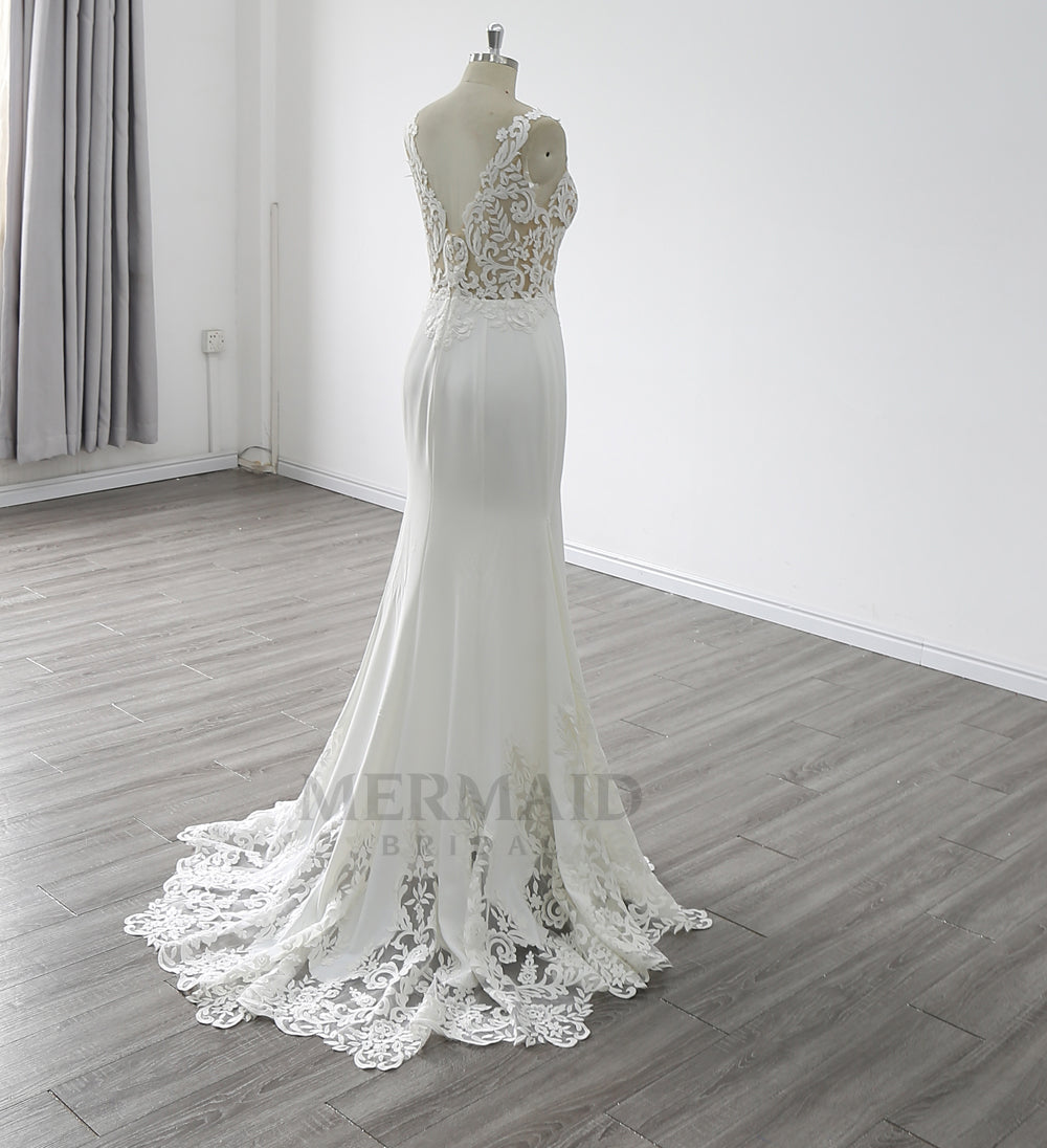 New V Back Sweep Train Bridal Gown Korean Crepe Mermaid Wedding Dress
