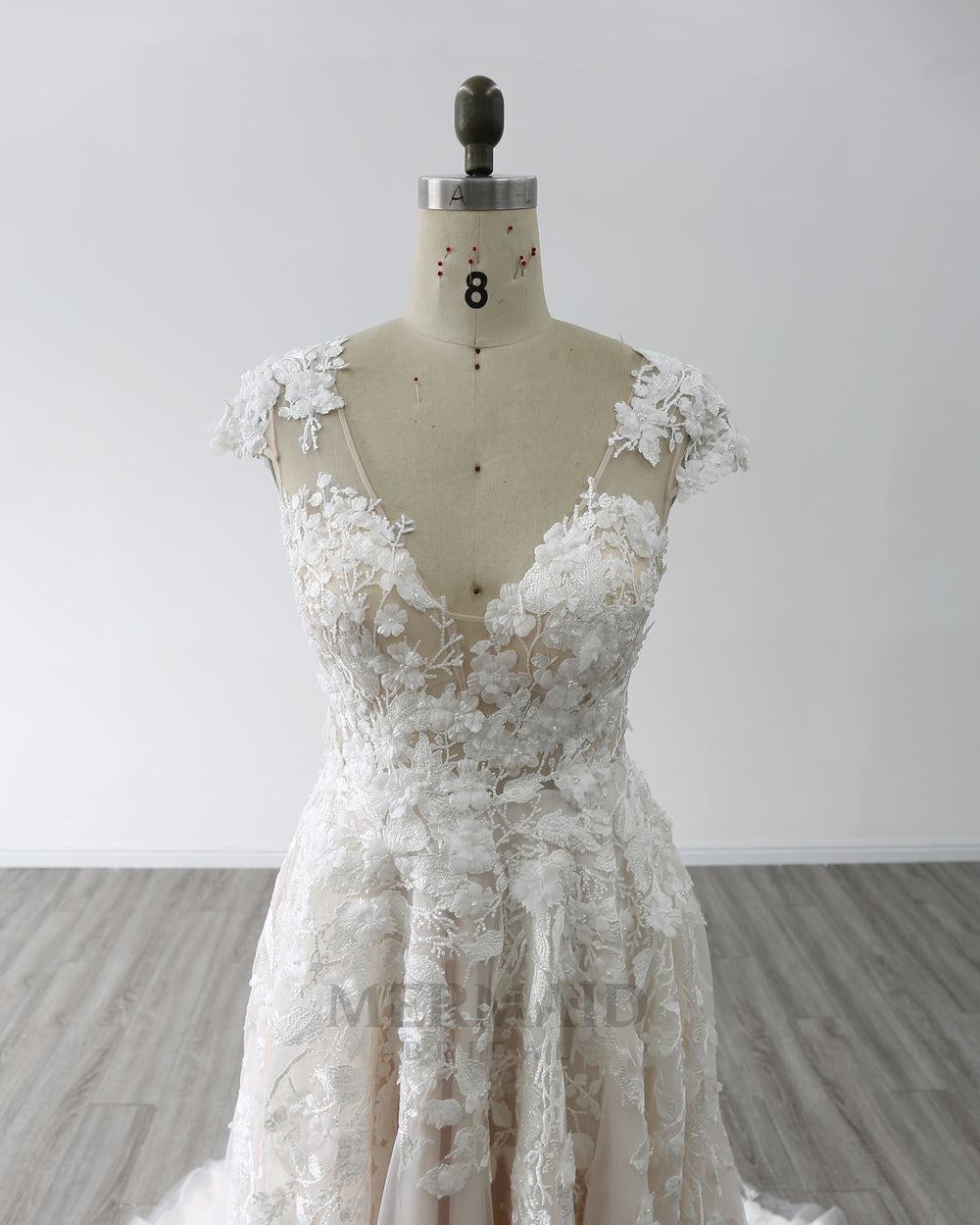 Keyhole Cap Sleeves V Neck Court Train Bridal Gown 3D Flowers A Line Wedding Dress
