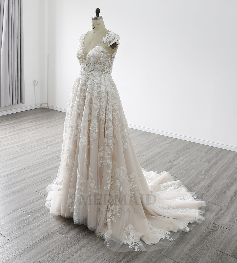 Keyhole Cap Sleeves V Neck Court Train Bridal Gown 3D Flowers A Line Wedding Dress