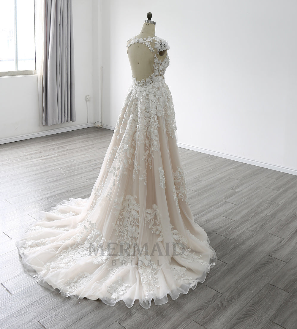 Keyhole Cap Sleeves V Neck Court Train Bridal Gown 3D Flowers A Line Wedding Dress