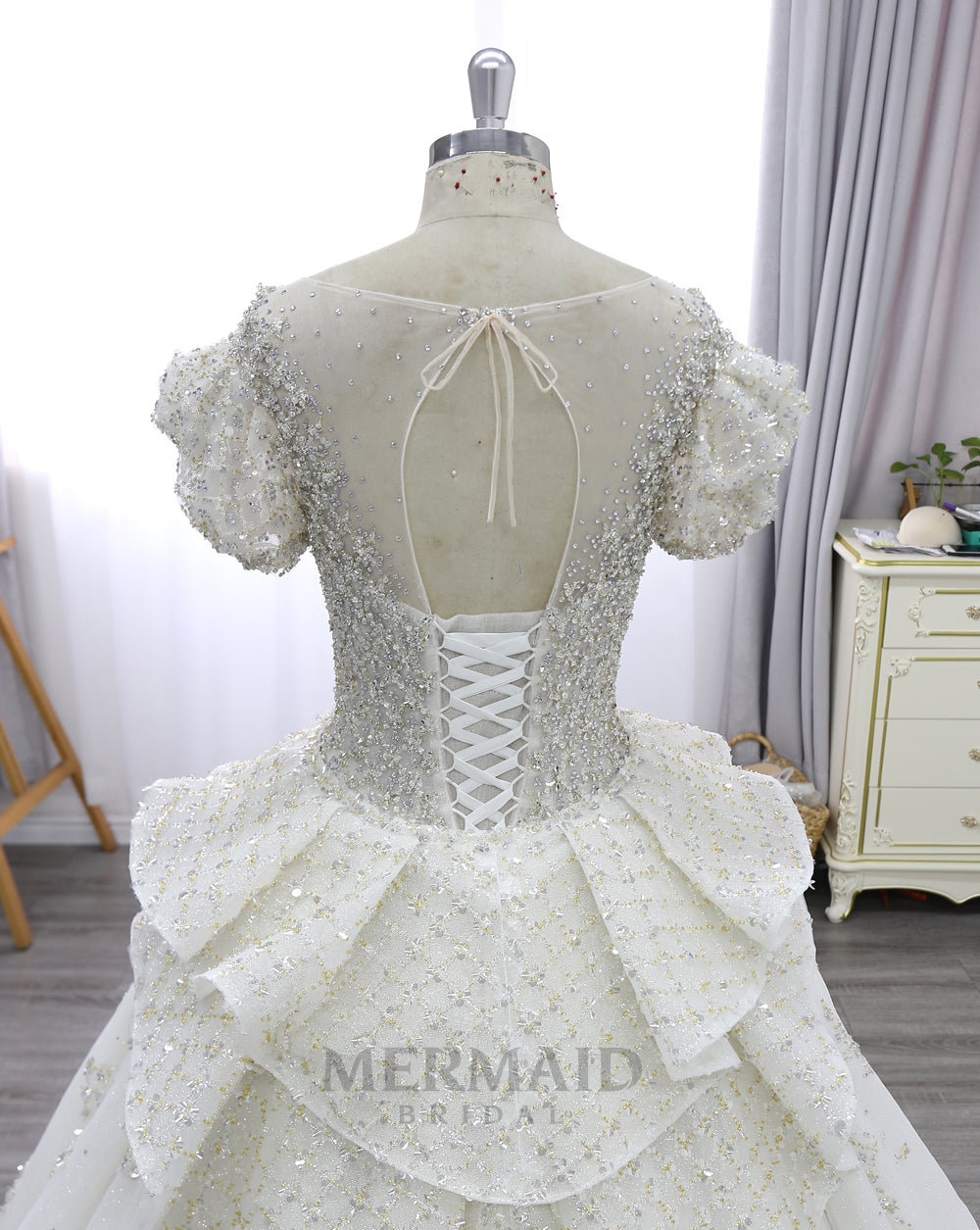 Cap Sleeves Scoop Cathedral Train Heavy Beading Ball Gown Wedding Dress