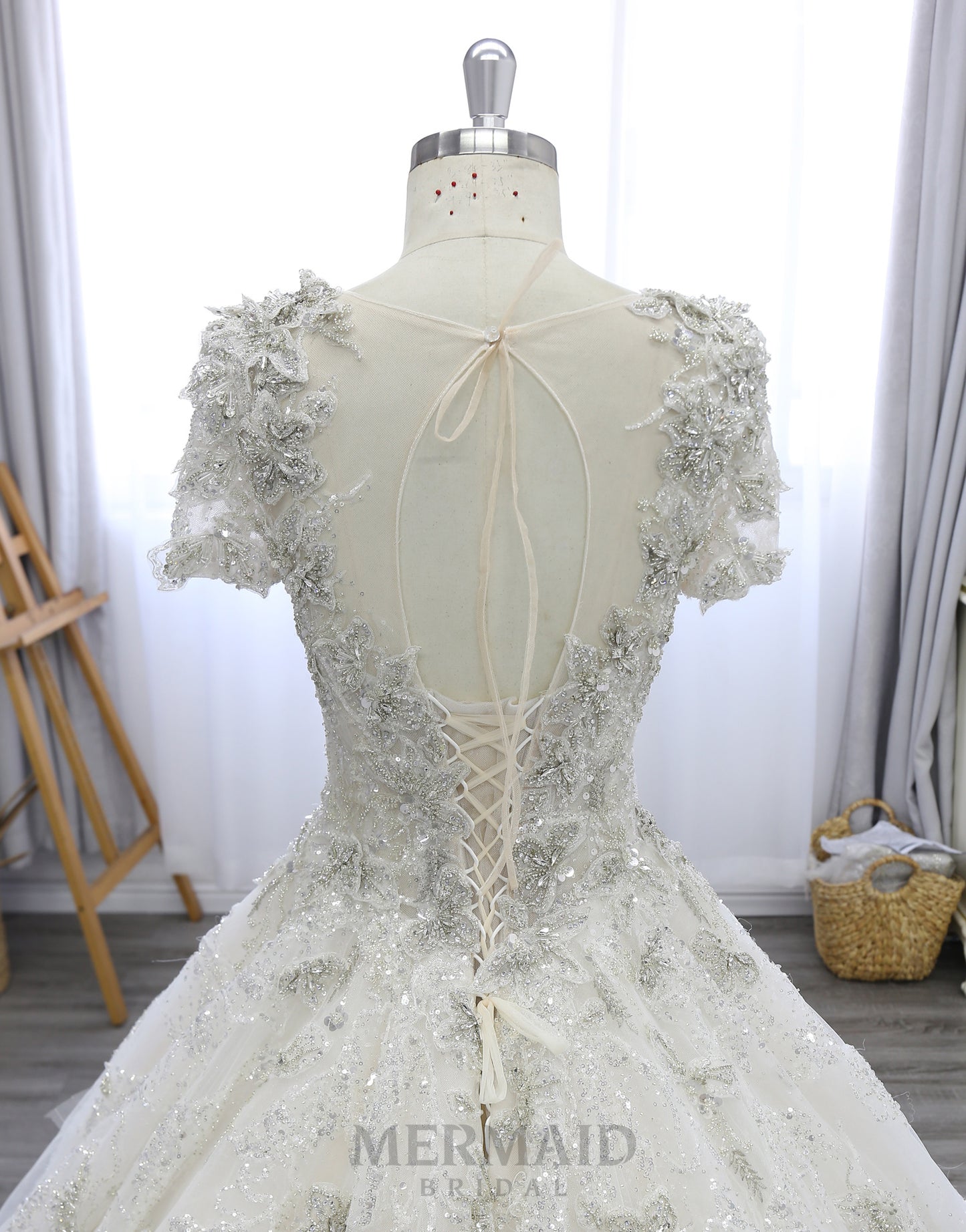 Short Sleeves Heavy Beaded Royal Train Ball Gown Wedding Dress