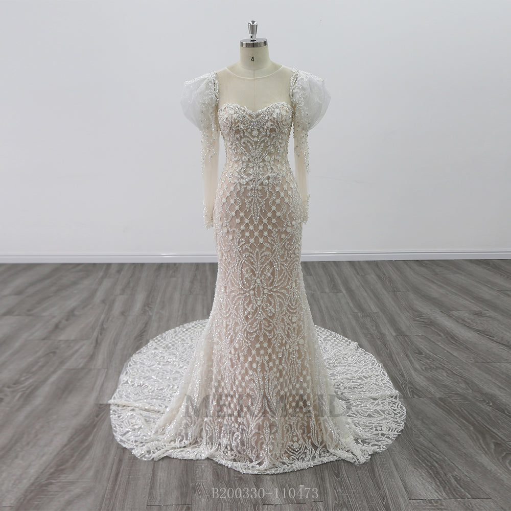 2 in 1 detachable wedding dress Long Sleeve Sweetheart Royal Train Heavy Beading removable skirt Wedding Gown