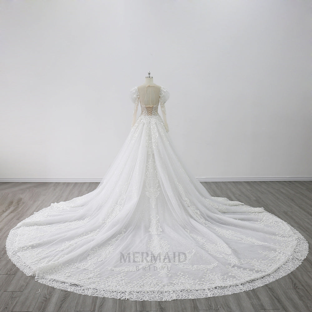 2 in 1 detachable wedding dress Long Sleeve Sweetheart Royal Train Heavy Beading removable skirt Wedding Gown