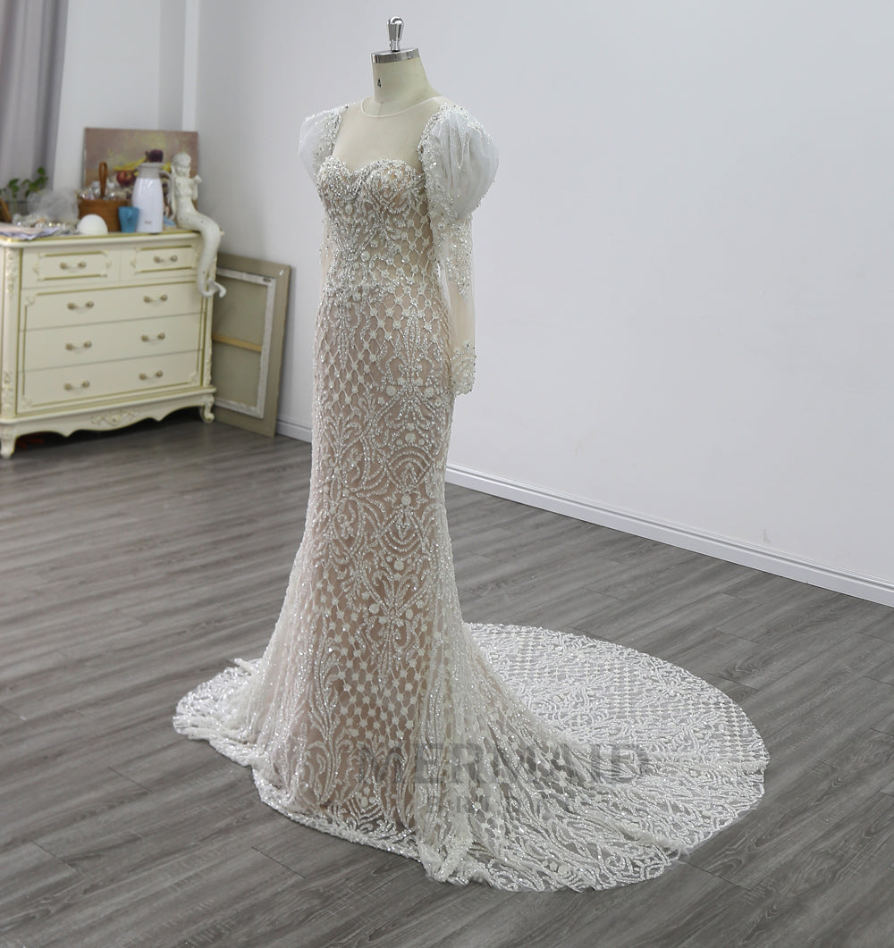 2 in 1 detachable wedding dress Long Sleeve Sweetheart Royal Train Heavy Beading removable skirt Wedding Gown