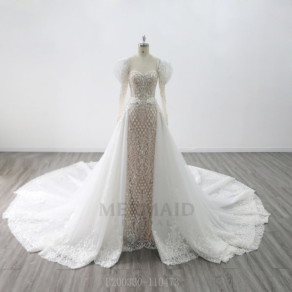 2 in 1 detachable wedding dress Long Sleeve Sweetheart Royal Train Heavy  Beading removable skirt Wedding Gown