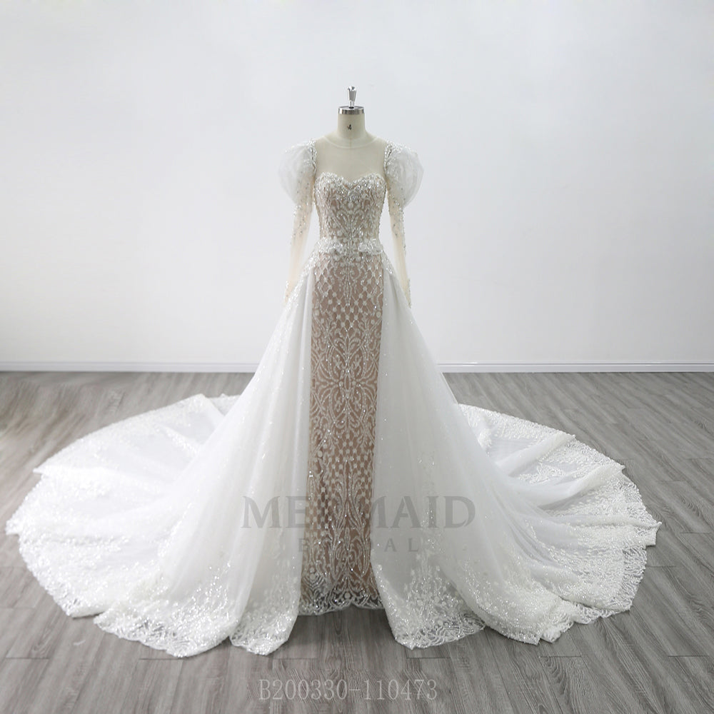 2 in 1 detachable wedding dress Long Sleeve Sweetheart Royal Train Heavy Beading removable skirt Wedding Gown