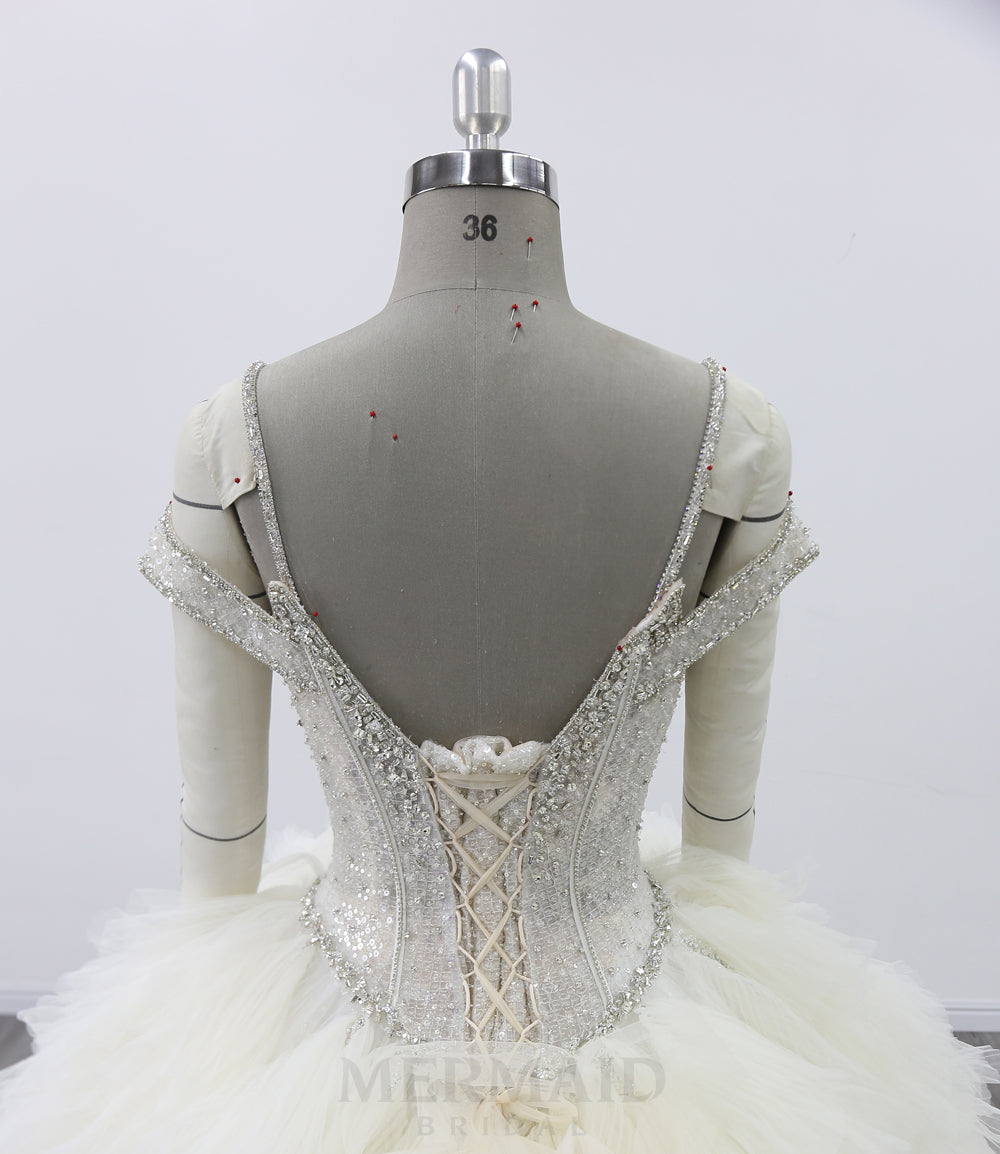 Cap Sleeves V Neck Cathedral Train Pleated Beading Ball Gown Wedding Dress