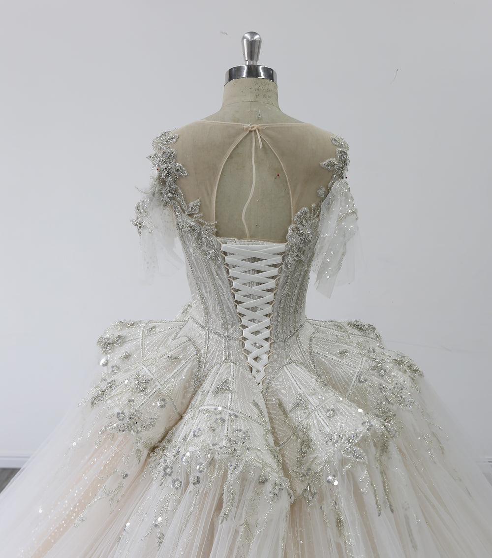 Ball Gown Short Sleeves Scoop Cathedral Train Heavy Beading Gold Wedding Dresses