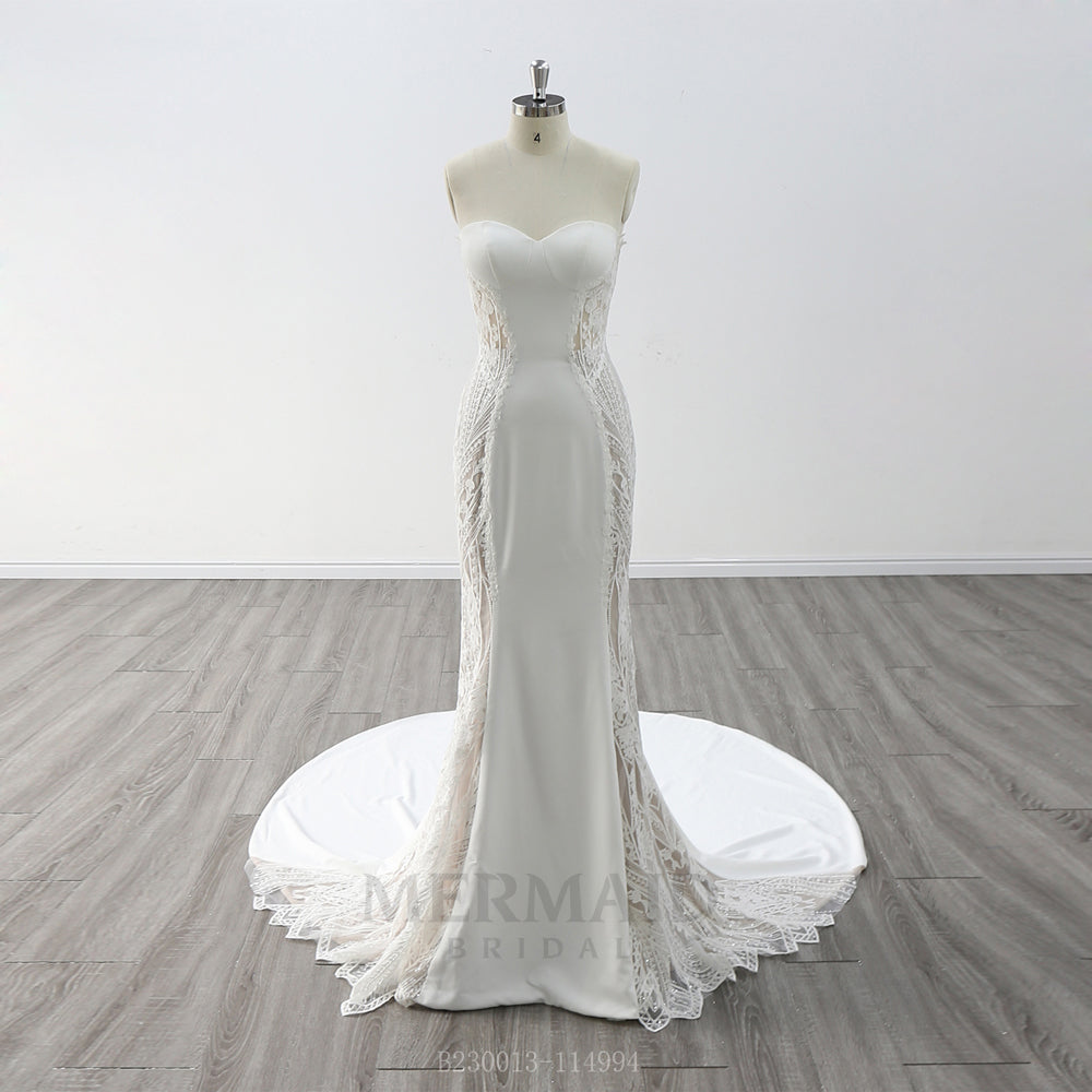 Backless Wedding Gown Floor Length Sweetheart Neck Court Train Lace Mermaid Wedding Dress 2023