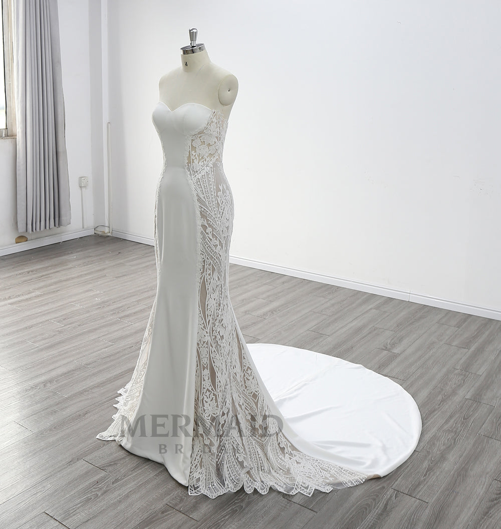 Backless Wedding Gown Floor Length Sweetheart Neck Court Train Lace Mermaid Wedding Dress 2023