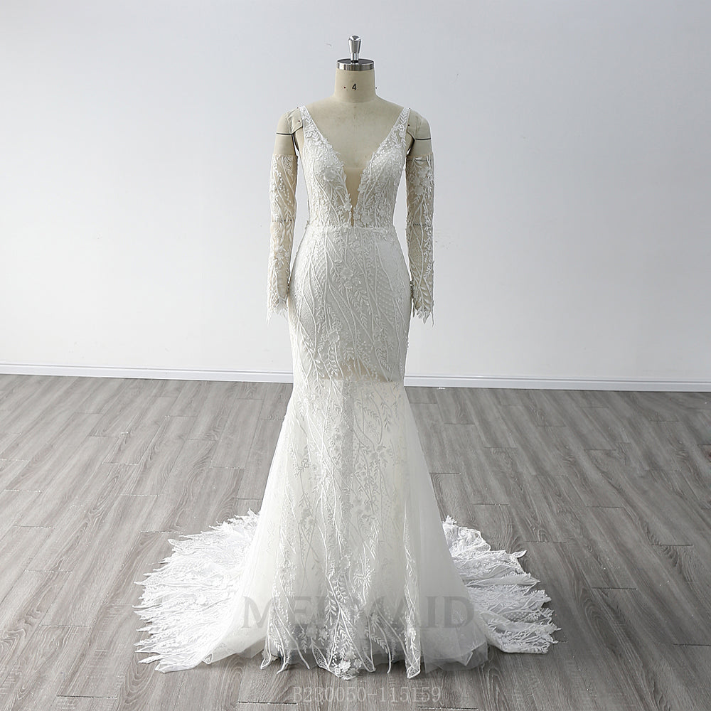 Sexy Long Sleeve V Neck Sweep Train Lace Mermaid Wedding Dress