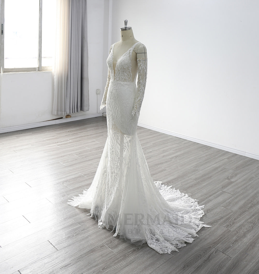 Sexy Long Sleeve V Neck Sweep Train Lace Mermaid Wedding Dress