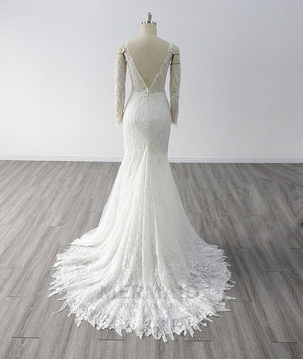 Sexy Long Sleeve V Neck Sweep Train Lace Mermaid Wedding Dress