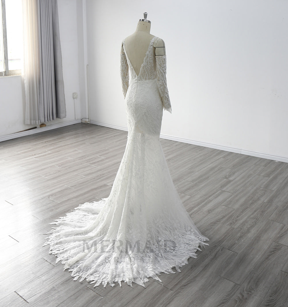 Sexy Long Sleeve V Neck Sweep Train Lace Mermaid Wedding Dress