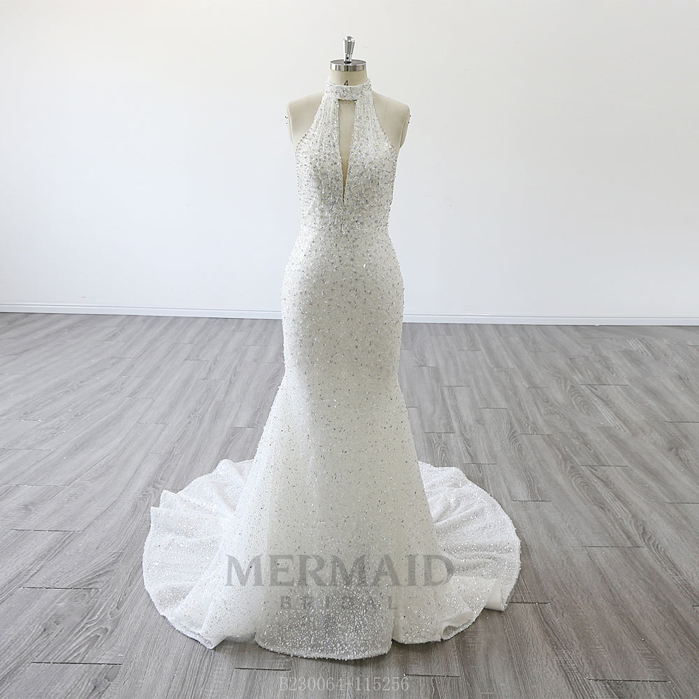 Backless Sleeveless Bridal Gown Halter Neck Court Train Heavy Beading Mermaid Wedding Dress Ivory / 10 Backless Sleeveless Bridal Gown Halter Neck Court Train Heavy Beading Mermaid Wedding Dress Ivory / 10