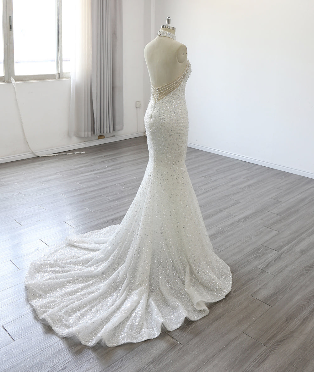 Backless Sleeveless Bridal Gown Halter Neck Court Train Heavy Beading Mermaid Wedding Dress