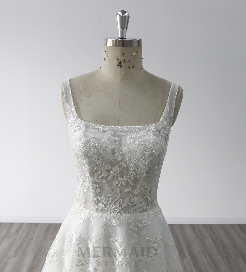 A Line Square Collar Neck Floor Length Beading Bridal Gown Princess Wedding Dress