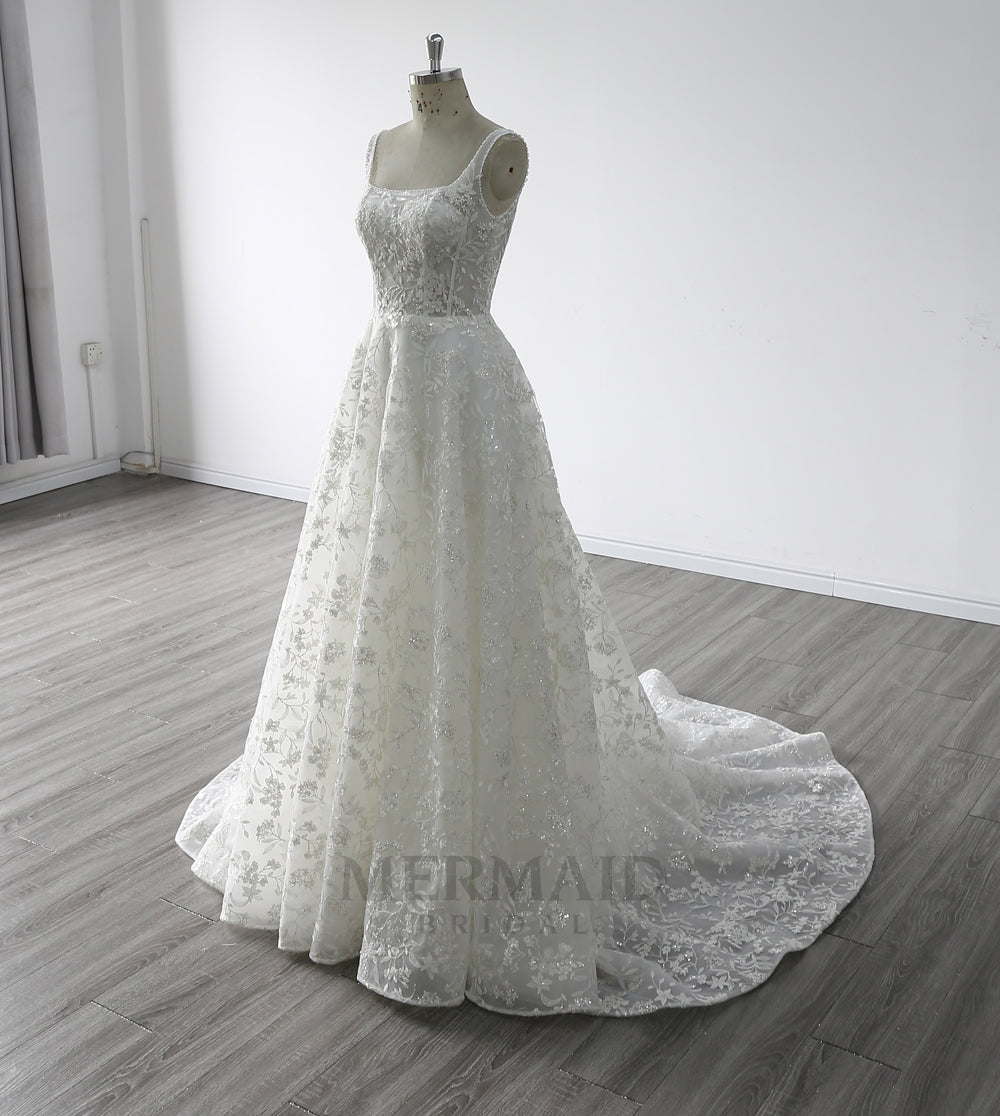 A Line Square Collar Neck Floor Length Beading Bridal Gown Princess Wedding Dress