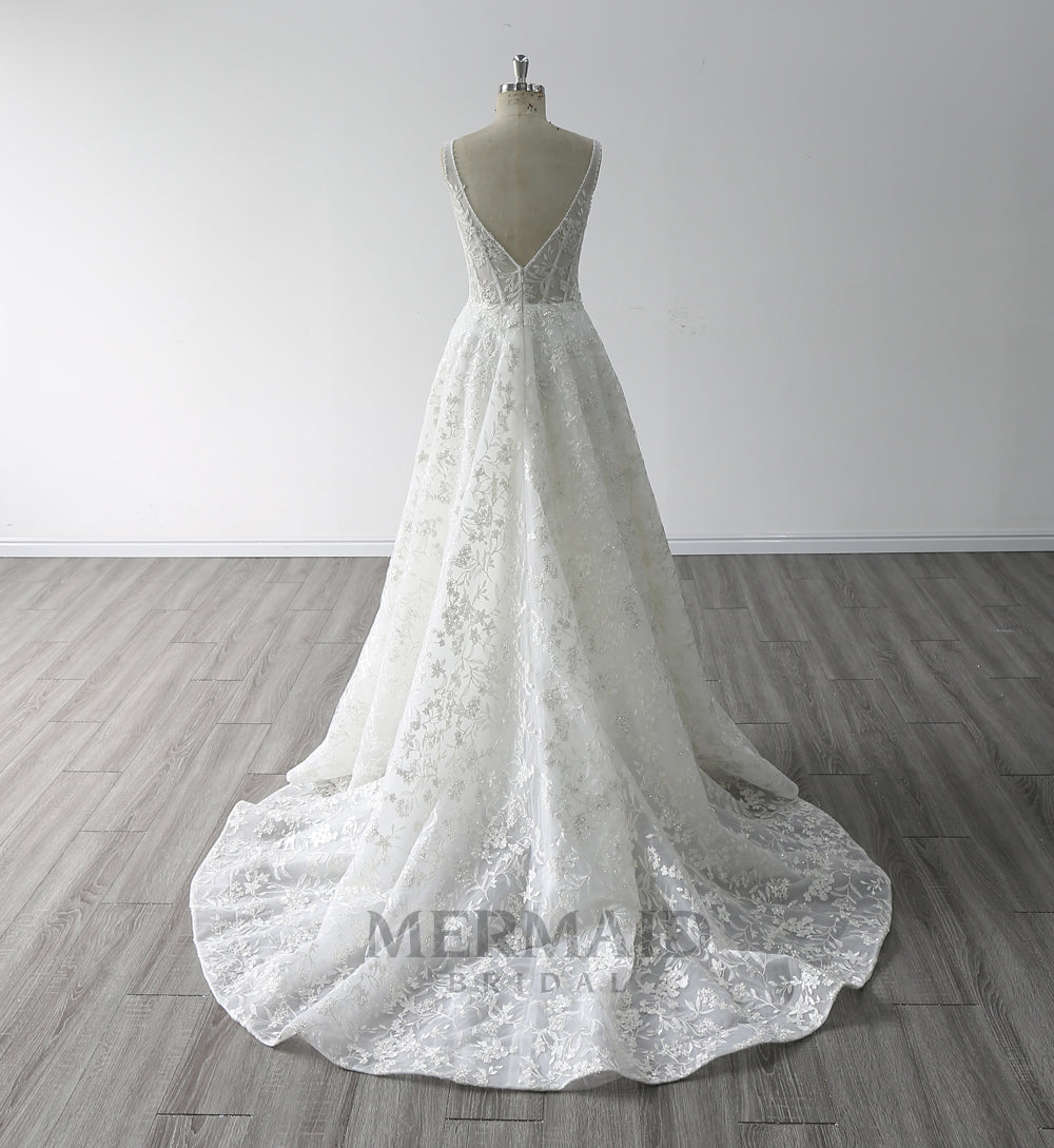 A Line Square Collar Neck Floor Length Beading Bridal Gown Princess Wedding Dress