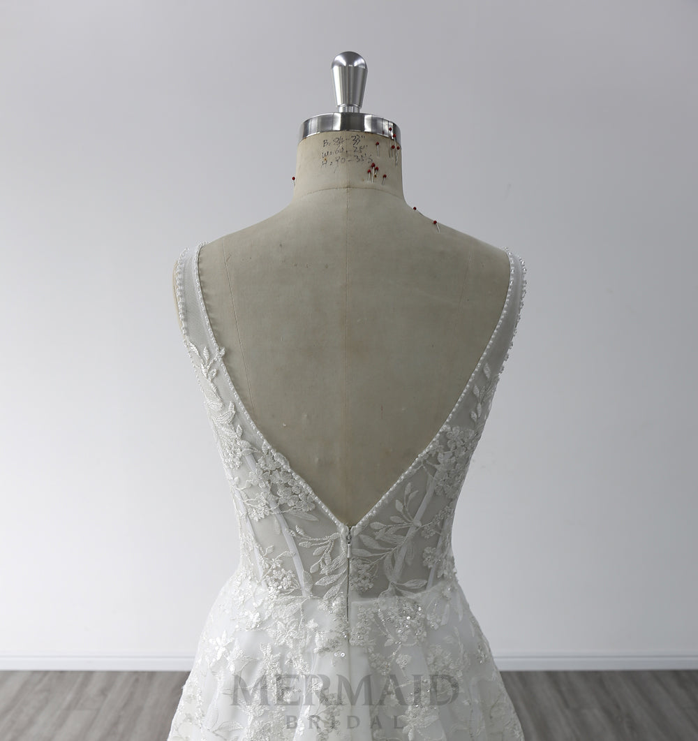 A Line Square Collar Neck Floor Length Beading Bridal Gown Princess Wedding Dress