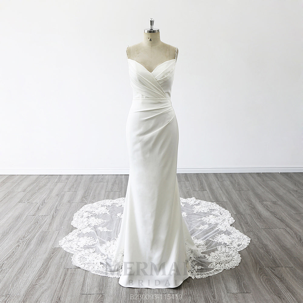 Spaghetti Strpas V Neck Court Train Pleat 3D Flowers Mermaid Wedding Dress