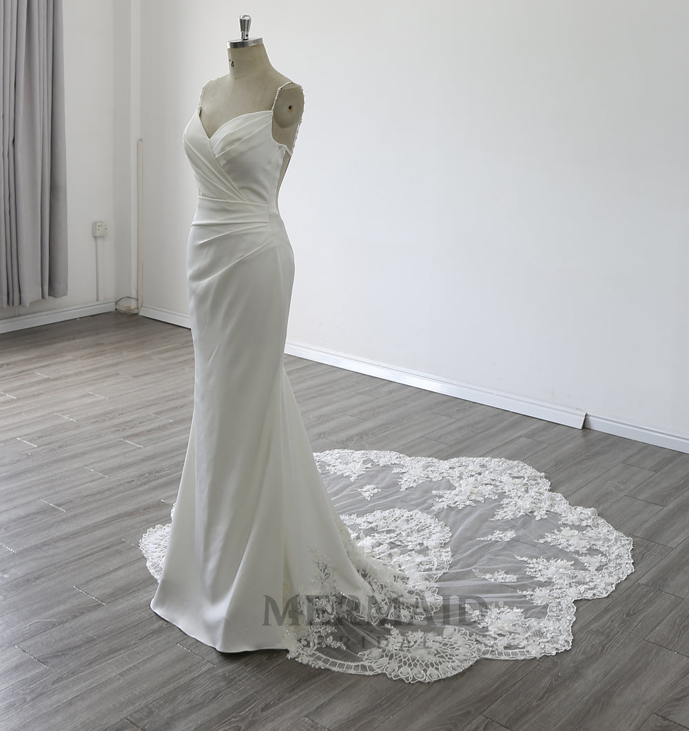Spaghetti Strpas V Neck Court Train Pleat 3D Flowers Mermaid Wedding Dress