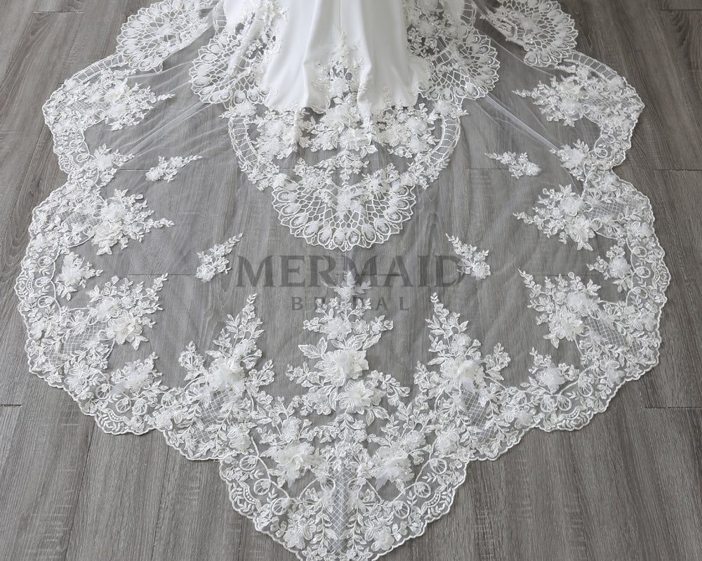 Spaghetti Strpas V Neck Court Train Pleat 3D Flowers Mermaid Wedding Dress
