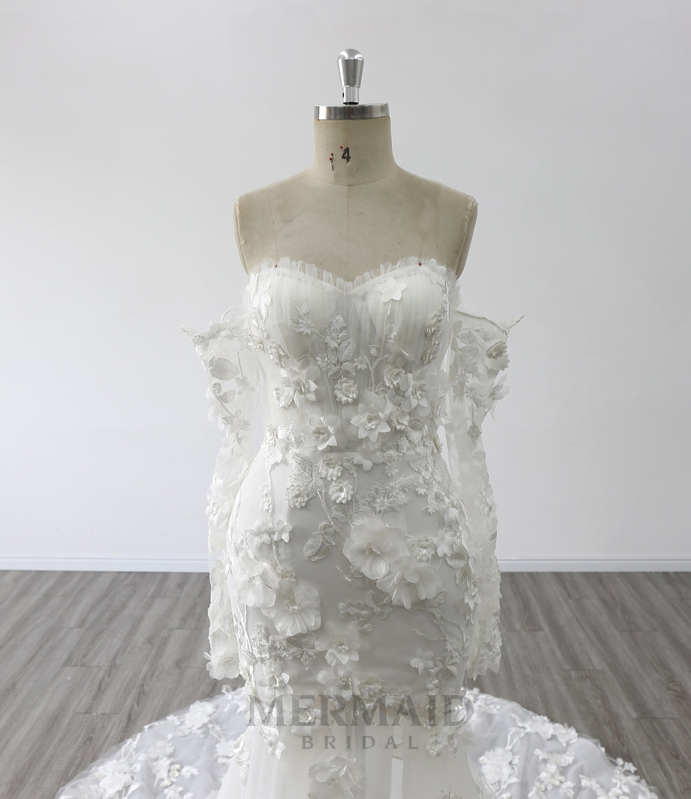 Detachable Long Sleeves Wedding Dresses Sweetheart Neck Court Train 3D Flowers Mermaid Bridal Dress With Slit