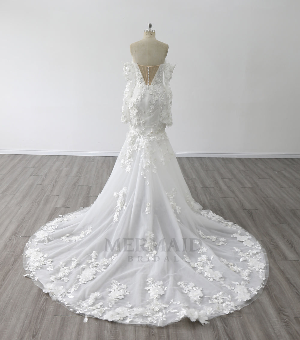 Detachable Long Sleeves Wedding Dresses Sweetheart Neck Court Train 3D Flowers Mermaid Bridal Dress With Slit
