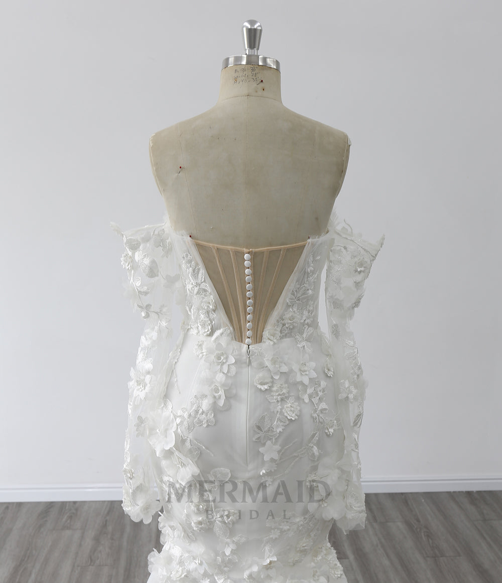 Detachable Long Sleeves Wedding Dresses Sweetheart Neck Court Train 3D Flowers Mermaid Bridal Dress With Slit