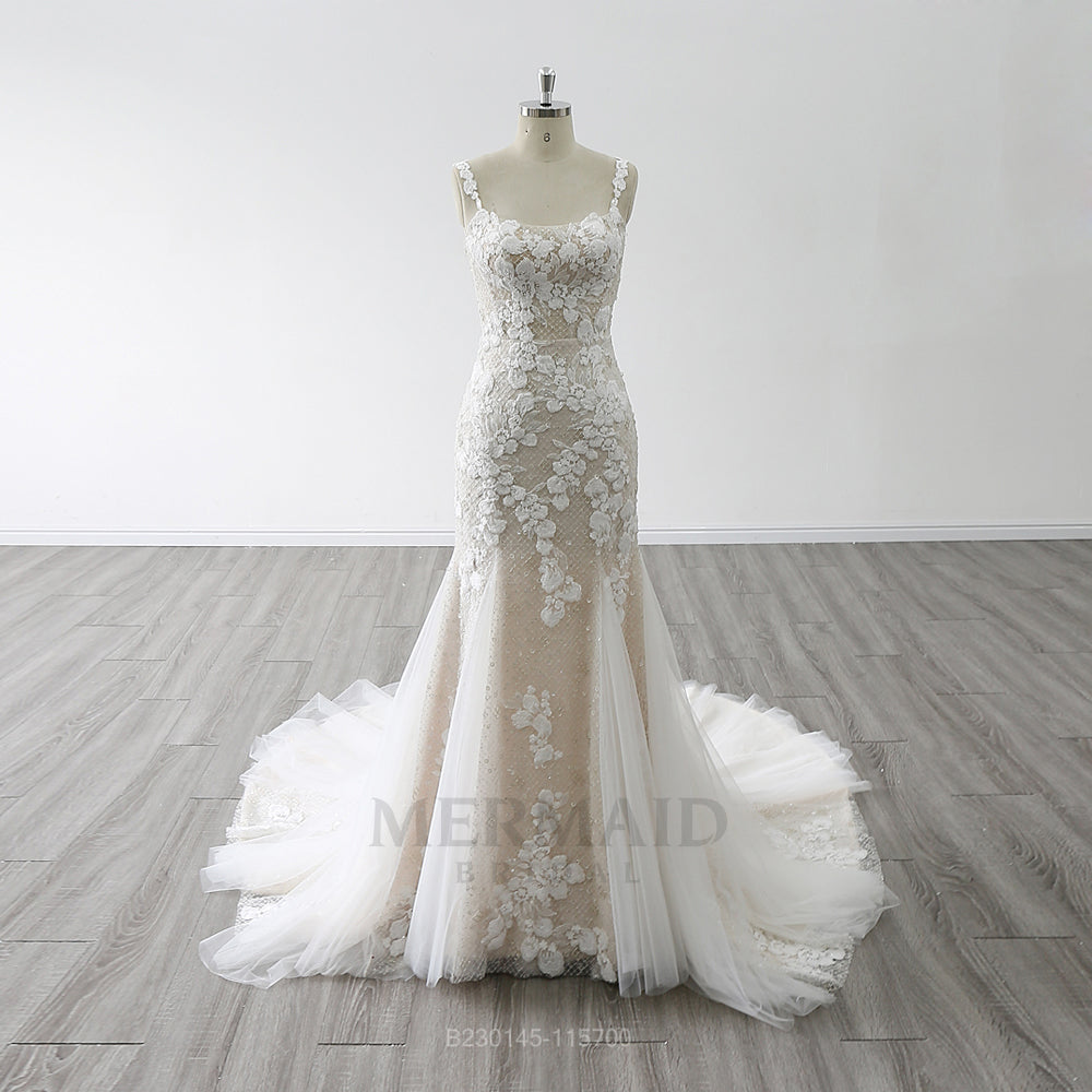 New Spaghetti Straps Boat Neck Court Train Beaded Mermaid Wedding Dress