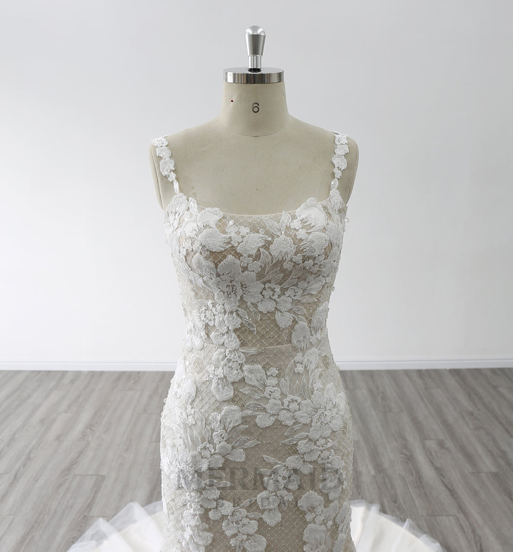 New Spaghetti Straps Boat Neck Court Train Beaded Mermaid Wedding Dress
