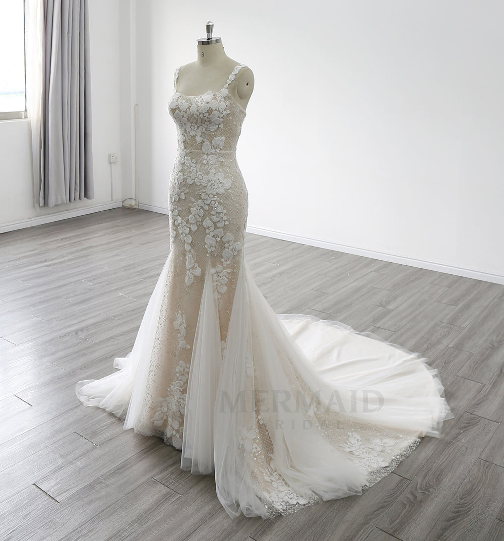 New Spaghetti Straps Boat Neck Court Train Beaded Mermaid Wedding Dress