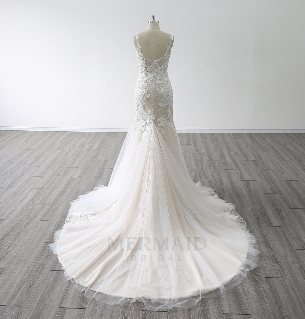 New Spaghetti Straps Boat Neck Court Train Beaded Mermaid Wedding Dress
