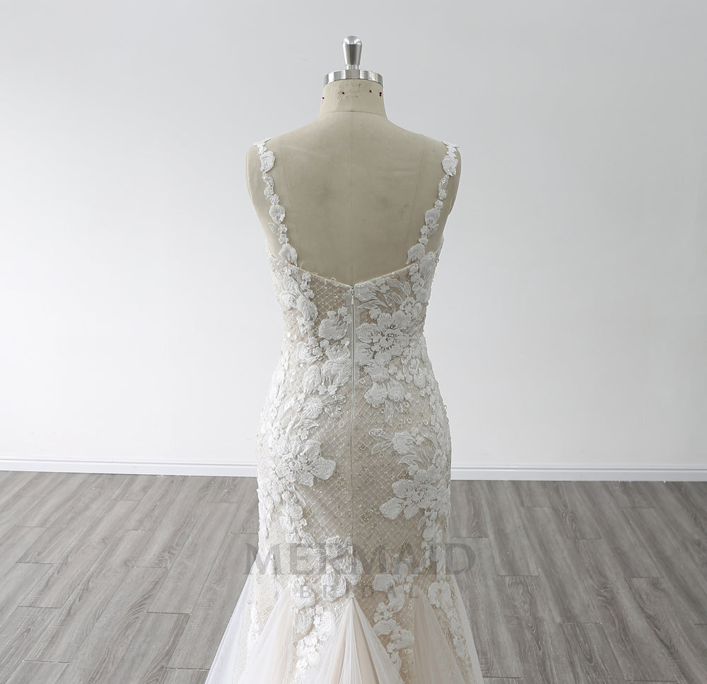 New Spaghetti Straps Boat Neck Court Train Beaded Mermaid Wedding Dress