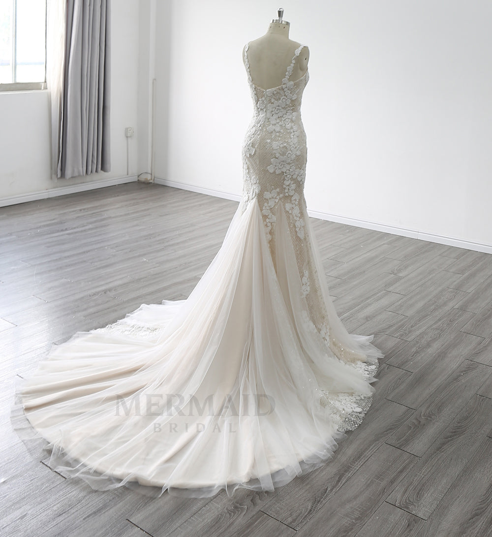 New Spaghetti Straps Boat Neck Court Train Beaded Mermaid Wedding Dress