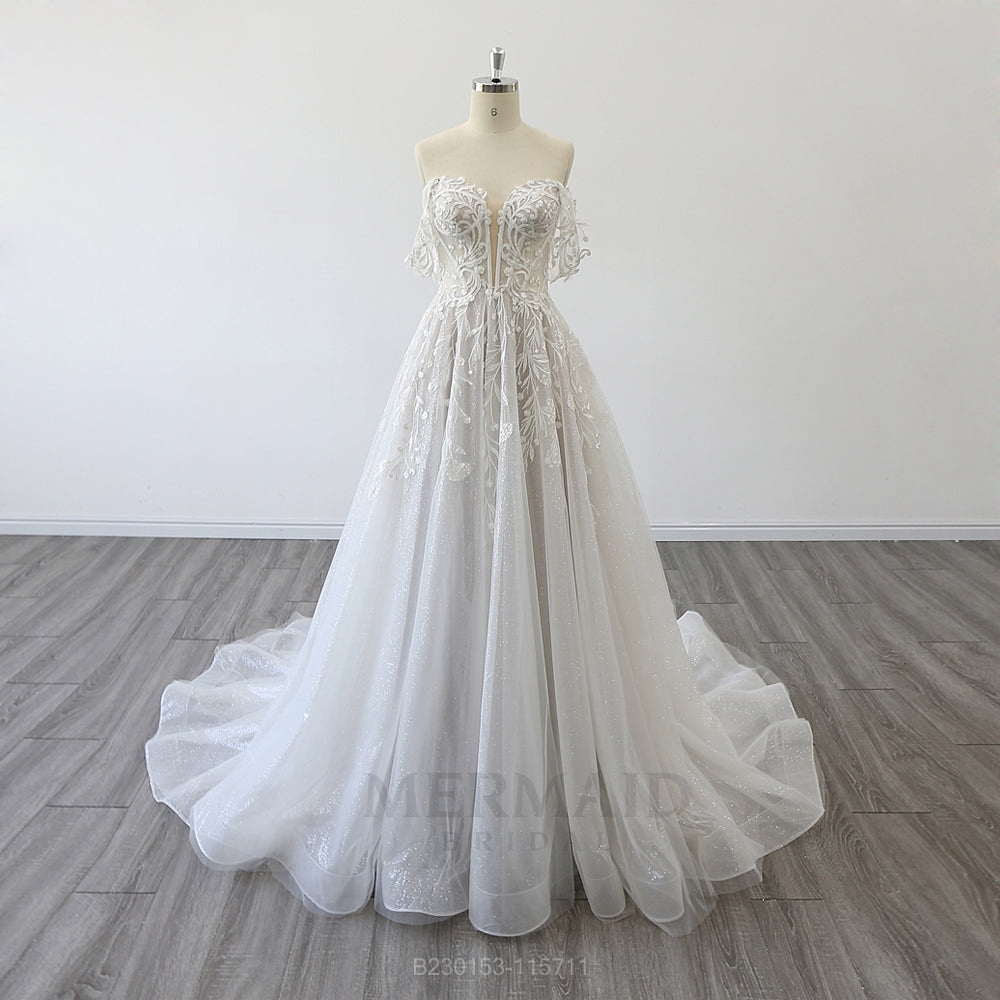 New Off Shoulder V Neck Court Train Bridal Gown Lace A Line Wedding Dress