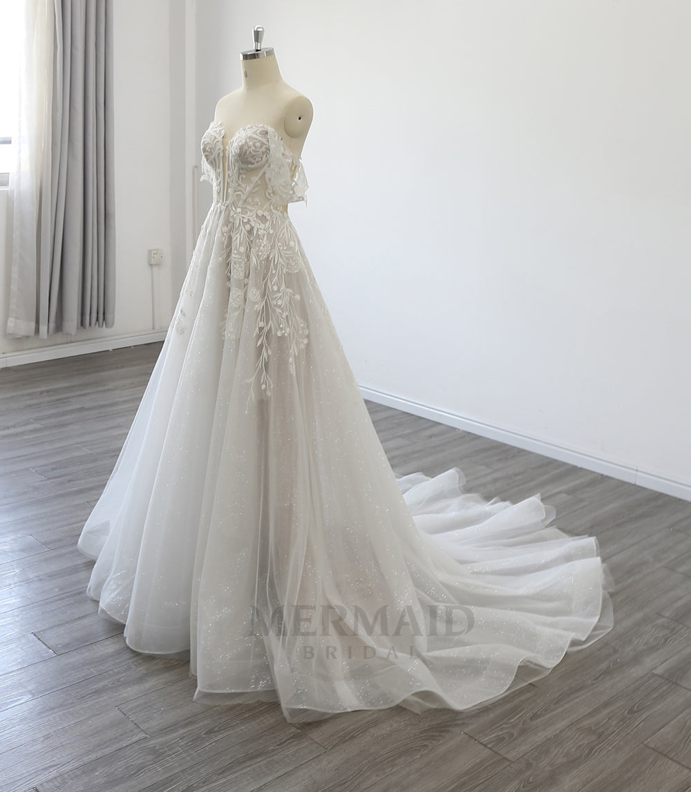 New Off Shoulder V Neck Court Train Bridal Gown Lace A Line Wedding Dress