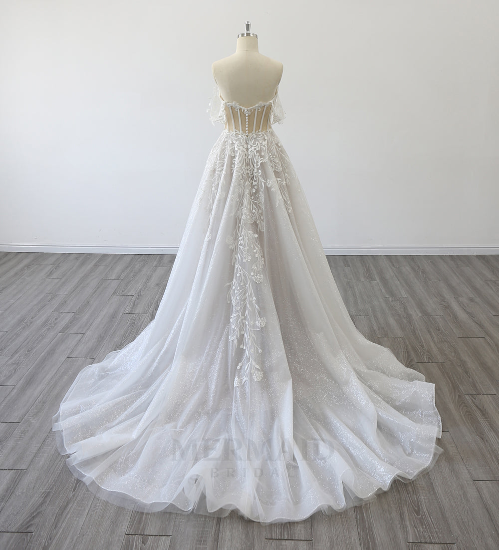 New Off Shoulder V Neck Court Train Bridal Gown Lace A Line Wedding Dress