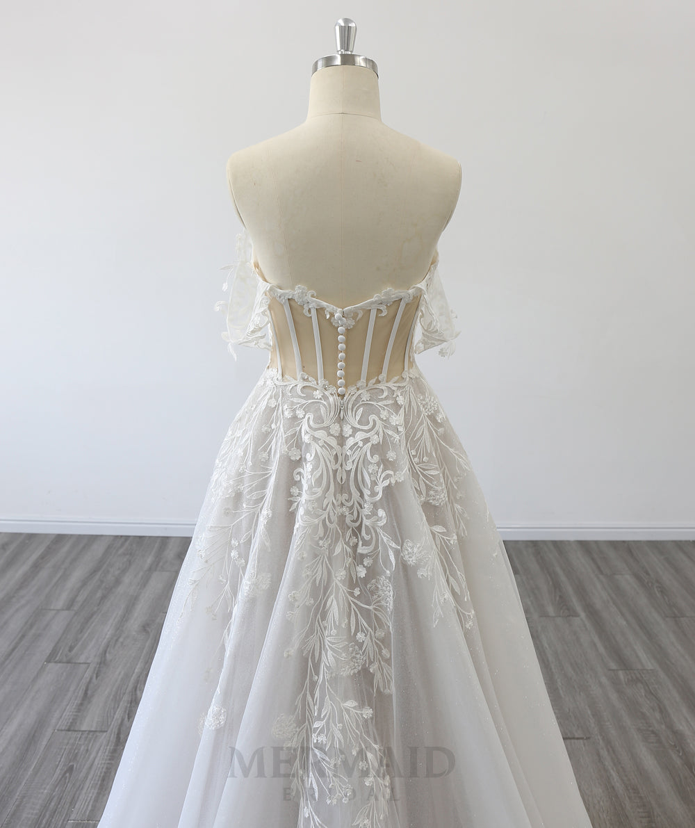 New Off Shoulder V Neck Court Train Bridal Gown Lace A Line Wedding Dress