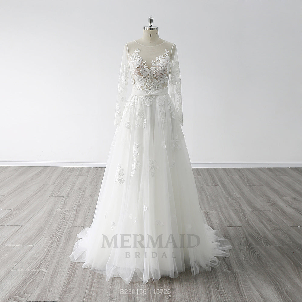 Long Sleeves Scoop Neck Sweep Train Lace Boho Wedding Dress 2024 Mermaid Bridal Long Sleeves Scoop Neck Sweep Train Lace Boho Wedding Dress 2024 Mermaid Bridal