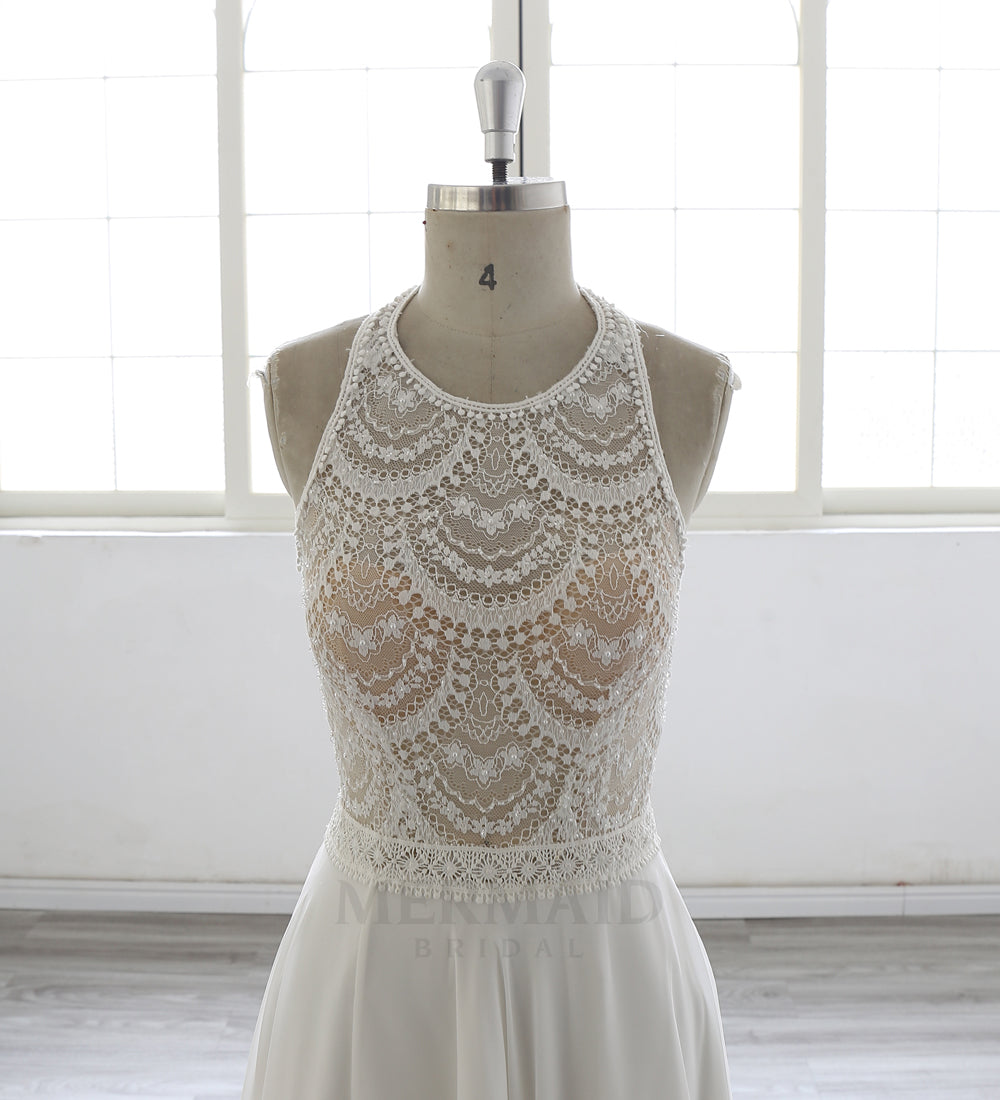 New Halter Neck Court Train Chiffon Bohemian Beach Outdoor Slit Boho Wedding Dress