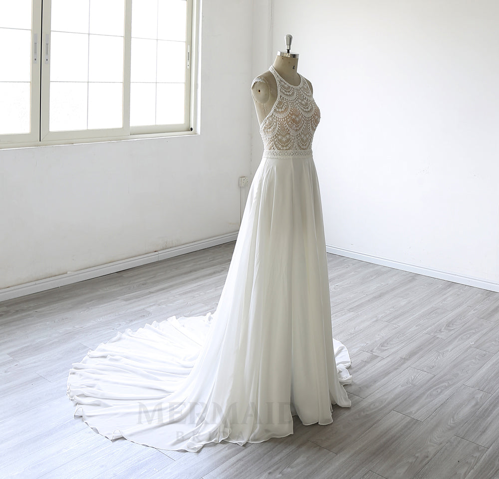 New Halter Neck Court Train Chiffon Bohemian Beach Outdoor Slit Boho Wedding Dress