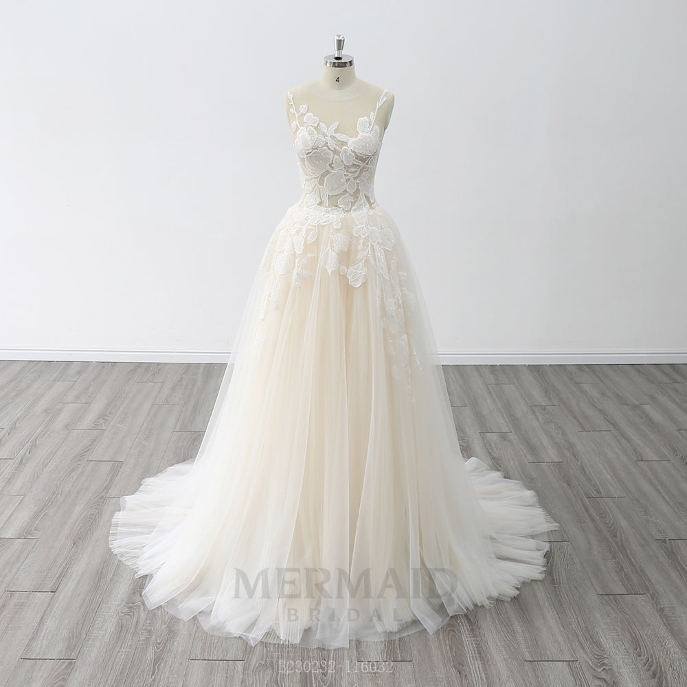 Illusion Scoop Neck Sweep Train Pleated Tulle A Line Wedding Dress